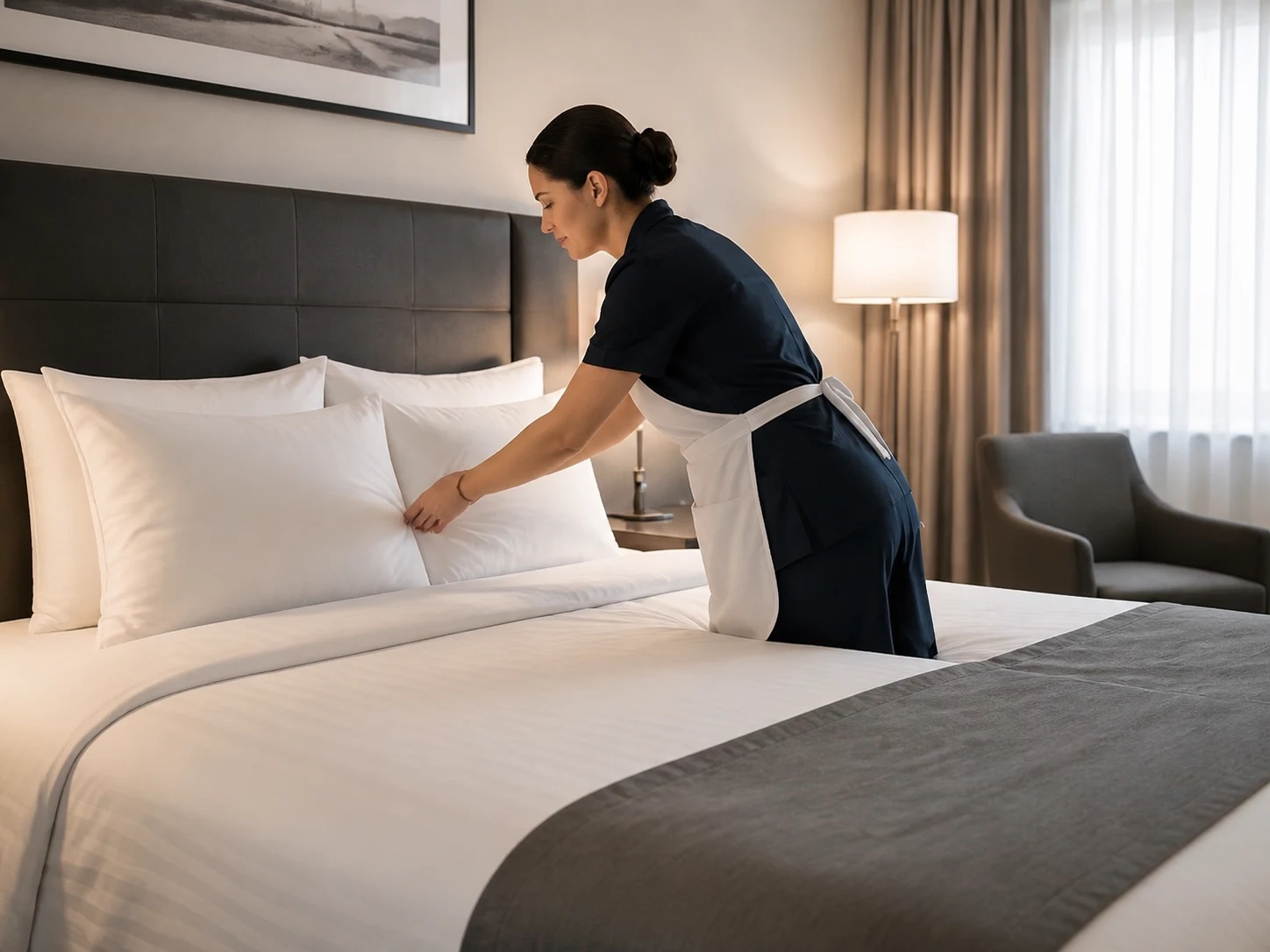 Sorgfältige Hotelreinigung in einem vorbereiteten Gästezimmer